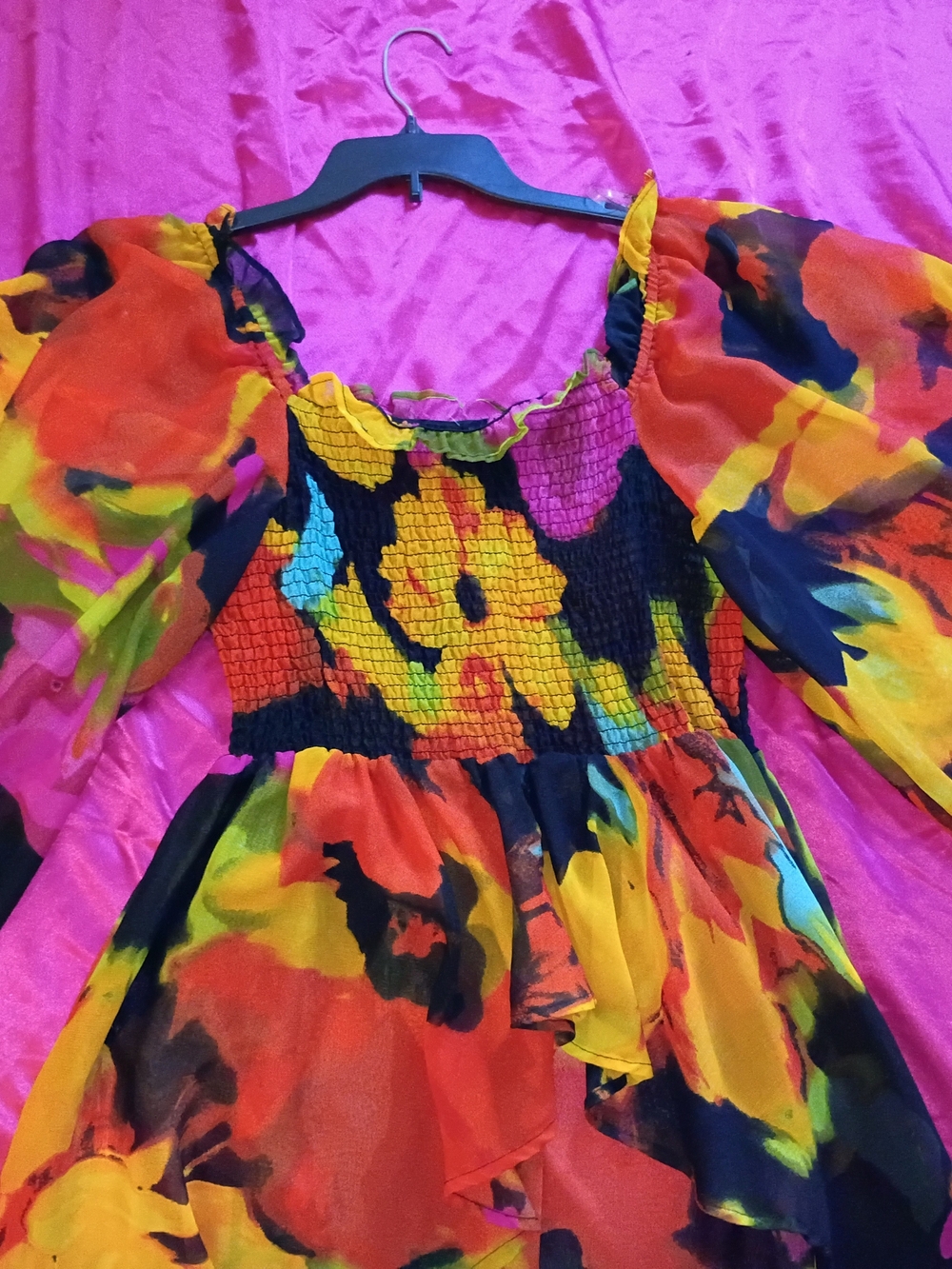 Vibrant Multicolor Puff Sleeve Blouse Watercolor Print